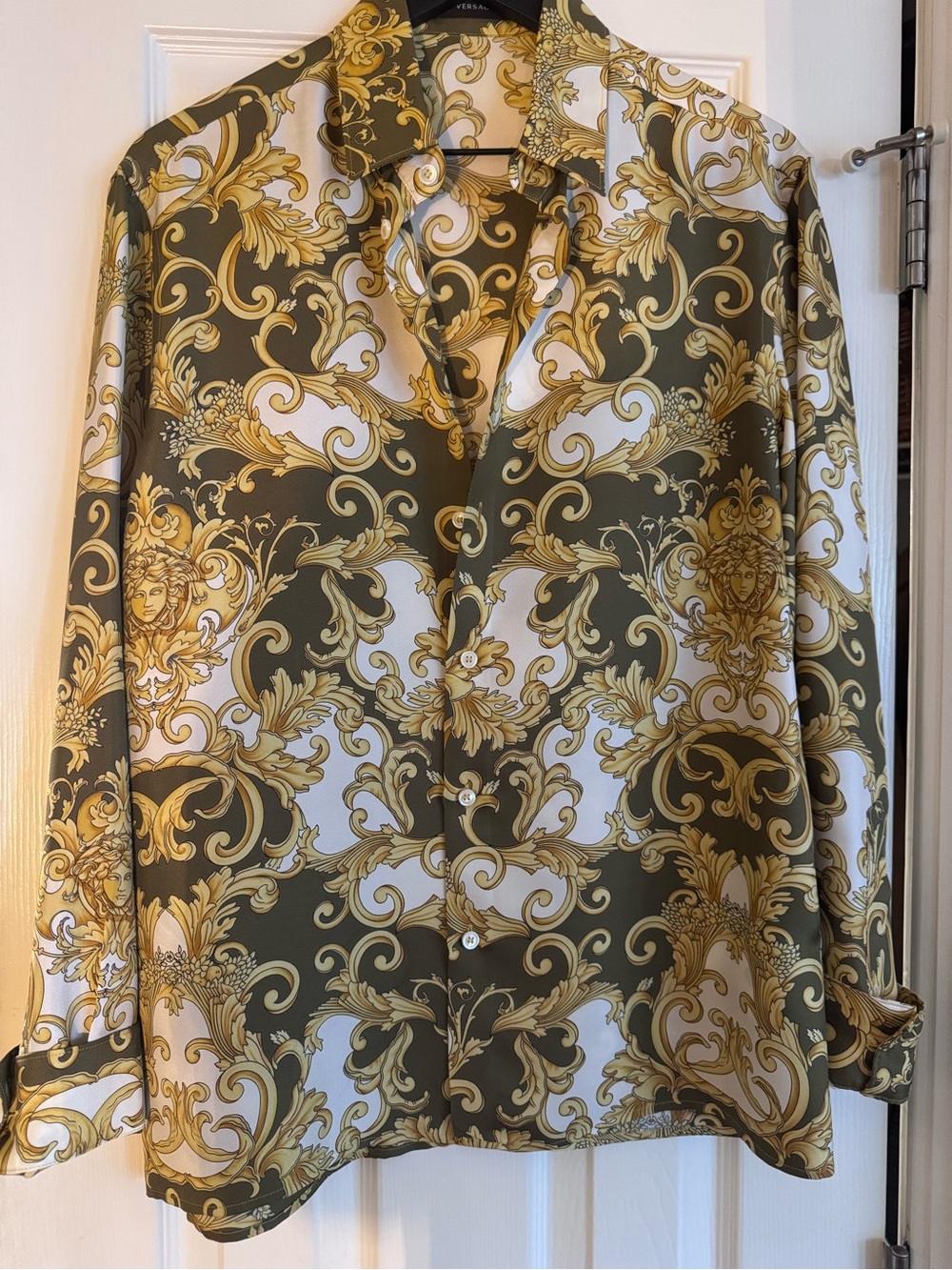 Versace Olive and Gold Baroque Silk-Style Button-Down Shirt